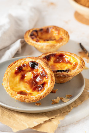 Three golden-brown Pastel de Nata, traditional Portuguese egg custard pastries, are arranged on a light gray plate with a small wooden bowl of cinnamon and vanilla beans nearby.の写真素材