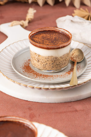 Tiramisu chia pudding in a glass cup on a white plate with a spoon, garnished with cocoa powder, set on a brown surface with a sieve and cocoa powder in the backgroundの写真素材