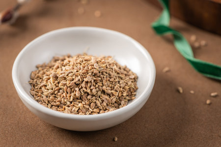 Fennel seeds in a white bowl on a textured brown surface with a delicate feather and blurred plant...