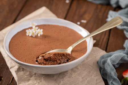 Elegant chocolate mousse in a shallow white dish, a golden spoon scooping a bite, adorned with tiny white blossoms, set on textured paper over a warm wooden backdropの写真素材
