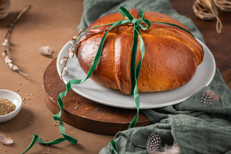 Portuguese traditional Easter cake Folar without eggs on easter table with a green ribbon and small...