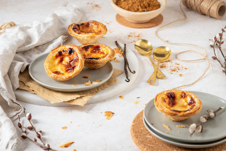 A collection of Portuguese custard tarts, Pastel de Nata, are displayed on light gray plates with accompanying cinnamon powder, vanilla beans, and small golden spoons. Willow branches add a touch of spring.の写真素材