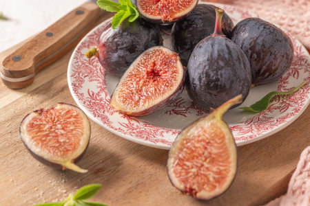 A closeup of ripe, whole and halved figs on a plate and a wooden board with fresh stevia leaves, a...