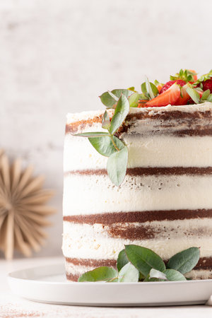Detailed view of a beautiful naked cake with visible layers of sponge and creamy frosting, decorated with fresh strawberriesの写真素材