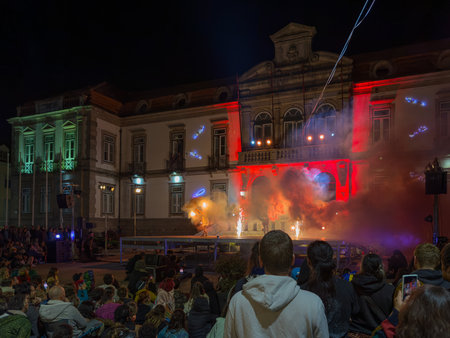 Ovar, Portugal - July 28, 2024 Fire Gala Show during The Eurpean Juggling Convention 2024 at Republic Square in Ovarのeditorial素材