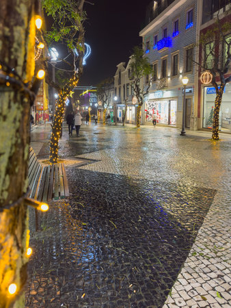 Espinho, Portugal - December 6, 2025. Wet Cobblestone Street Christmas Espinho Night Low-angle view of a wet, reflective cobblestone street and decorated trees leading down a festive commercial avenue at night in Espinho Portugalのeditorial素材