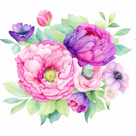 Beautiful vector watercolor floral composition with peony flowers and green leavesの素材