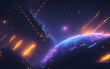 3D futuristic background with planet and neon lights.の素材