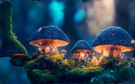 Fairy houses in fantasy forest with glowing mushrooms. Digital artworkの素材