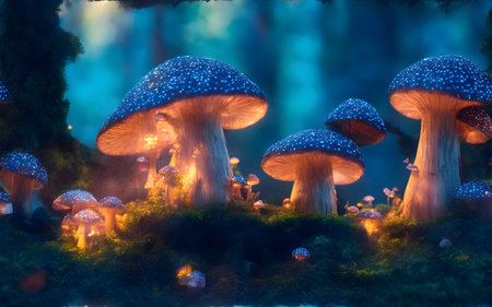 Fairy houses in fantasy forest with glowing mushrooms. Digital artworkの素材