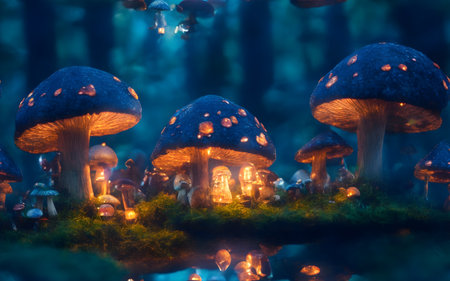 Fairy houses in fantasy forest with glowing mushrooms. Digital artworkの素材