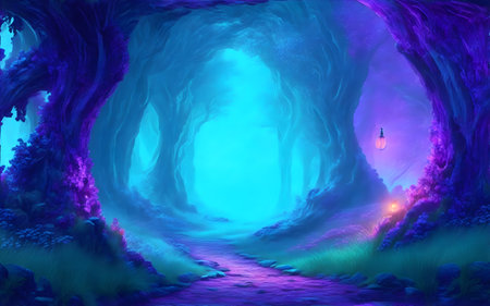 Mysterious dark tunnel with glowing light inside. Fantasy illustration.の素材