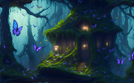 Illustration of a Halloween background with a haunted house in a dark forestの素材