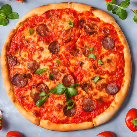 Top view of sausage pizza with tomato red bell pepper and cheese  top viewの素材