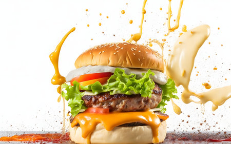 Delicious burger with many ingredients isolated on white background. tasty cheeseburger splash sauceの素材