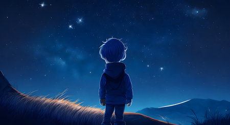 illustration of a boy looking at night starry skyの素材