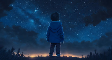illustration of a boy looking at night starry skyの素材