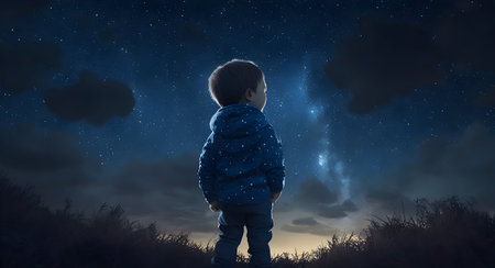 illustration of a boy looking at night starry skyの素材