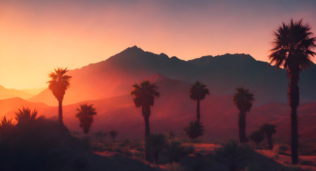 Sunset landscape with palm trees and mountainsの素材