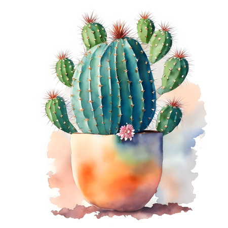 A cactus plant in vase the style of watercolor paintaing, on a white backgroundの素材