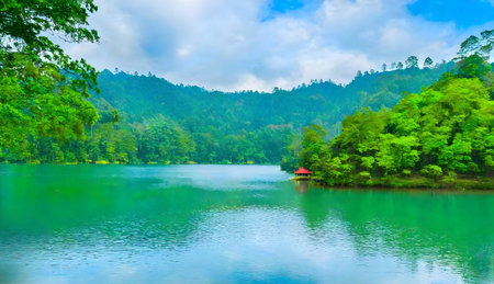 Beatiful nature lake and forest, nature landscape backgroundの素材