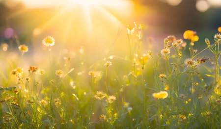 Sunset over a meadow with wildflowers, shallow depth of fieldの素材