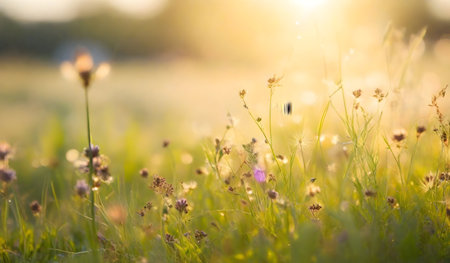 Sunset on the meadow with grass and flowers in the morning.の素材