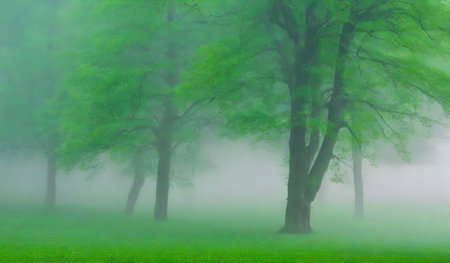 Morning fog in the forest, soft focus and blurred nature background,の素材