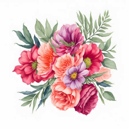 Hand drawn watercolor illustration of a bouquet of peony flowers.の素材