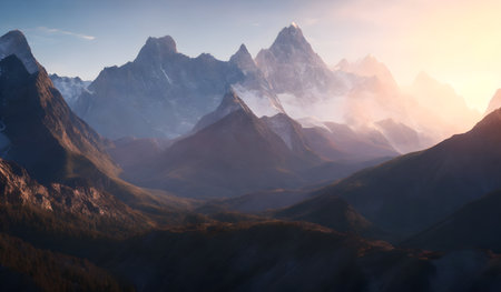 Mountain landscape with snow-capped peaks in the morning lightの素材
