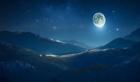 Night mountain landscape with full moon. Panoramic view of the mountains and the forest.の素材
