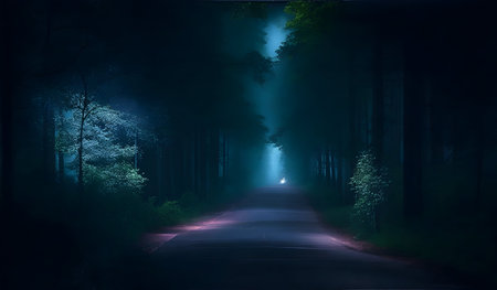 Night road in the forest with trees and fog. 3d renderingの素材