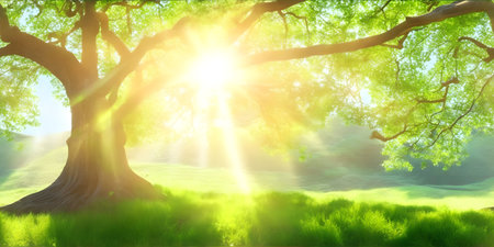 Beautiful summer landscape with a big old oak tree and sun raysの素材
