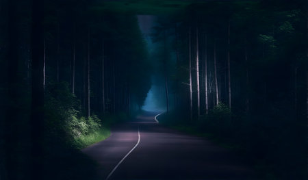 Dark road in the dark forest at night. 3D Renderingの素材