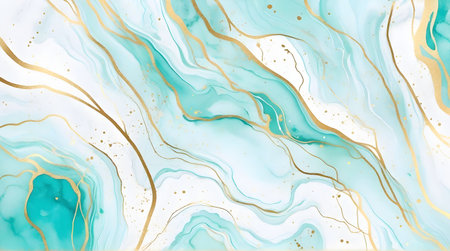 Pastel cyan mint liquid marble watercolor background with gold lines and brush stainsの素材