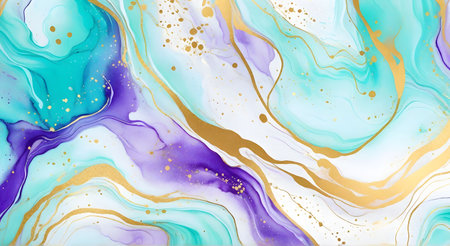 Mint, violet and turquoise liquid watercolor background with golden glitter brushstrokes and lines. colorful Backgroundの素材