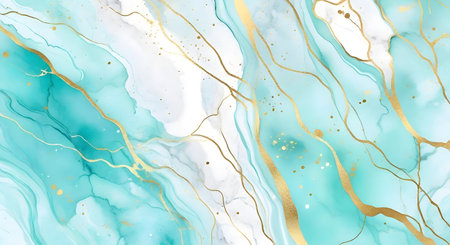 Pastel cyan mint liquid marble watercolor background with gold lines and brush stainsの素材