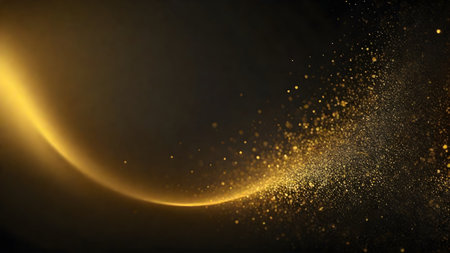 Abstract golden light effect on dark background. Golden black background with copy spaceの素材