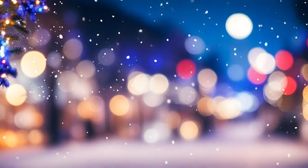 Blurred bokeh lights and falling snow during winter nightの素材