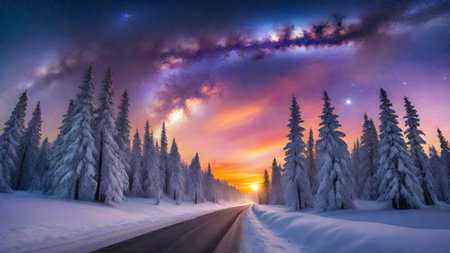 Fantastic winter landscape with snow covered trees and road in the mountainsの素材