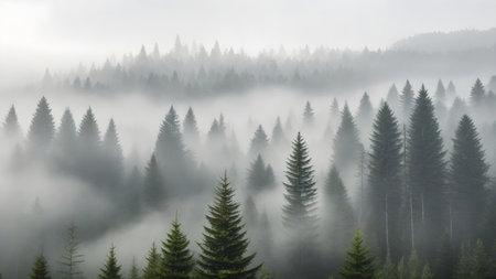 Foggy morning in the coniferous forest. View from above.の素材