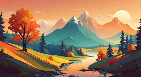 A Painting of a Landscape With Mountains and Treesの素材