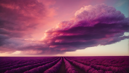 Majestic Purple Sky Over Lavender Fields at Sunsetの素材