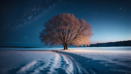 Solitary Tree in a Snow-Covered Winter Landscape at Twilightの素材