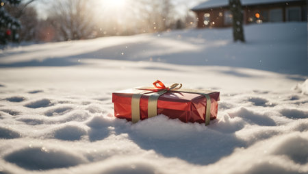 Golden Christmas Ornaments Resting on Fresh Snow in a Peaceful Winter Landscapeの素材