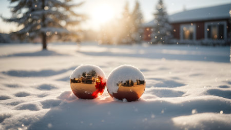 Golden Christmas Ornaments Resting on Fresh Snow in a Peaceful Winter Landscapeの素材