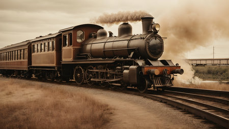 Vintage steam locomotive on the railroad tracks. Retro style.の素材