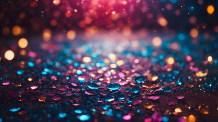 Glistening Colorful Sequins Scattered on a Surface With Soft Bokeh Lightsの素材