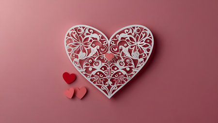 Intricate White Heart-Shaped Ornament Against a Soft Pink Backgroundの素材