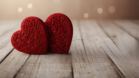 Red Hearts Standing on a Wooden Surface With Soft Bokeh Lights in the Backgroundの素材